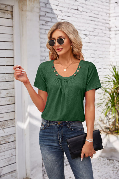 Solid Color Pleated T-Shirt with Cute Square Neckline