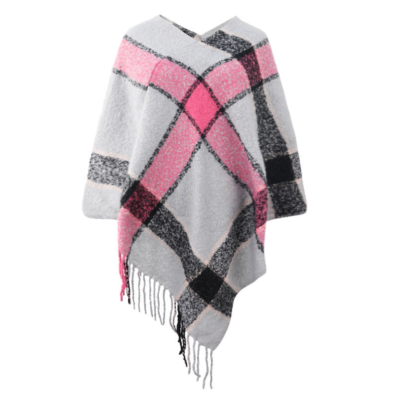 Cashmere Contrast Color Striped Cape Knitted Tassel Scarf