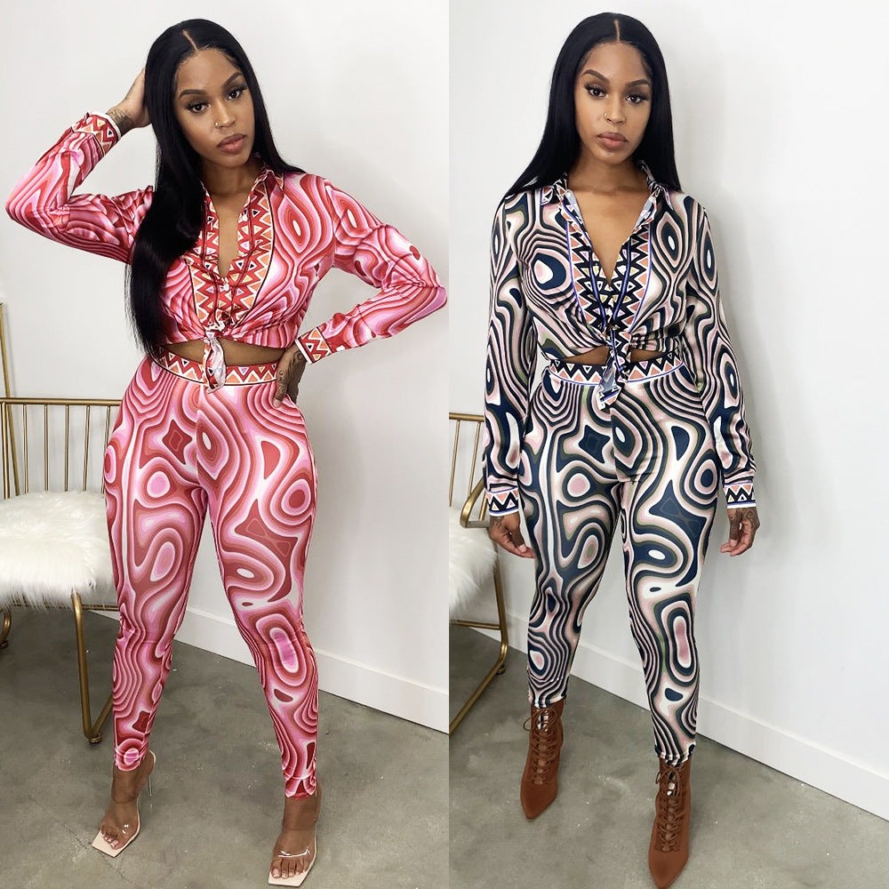 Women  Print Long Sleeve Tight Casual Suit