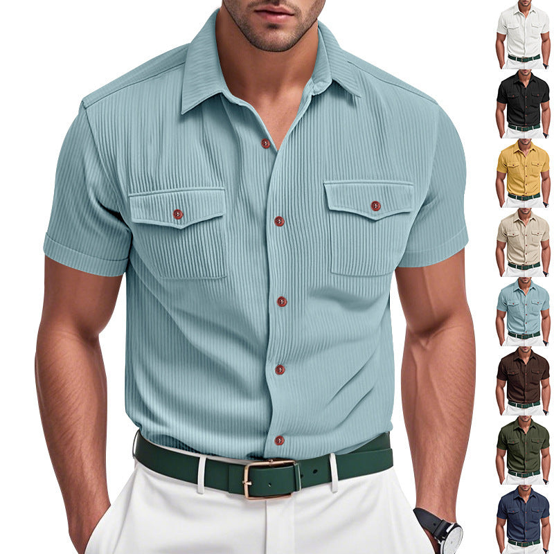 Loose Heavy Lapel Corduroy Workwear Short Sleeve Shirt