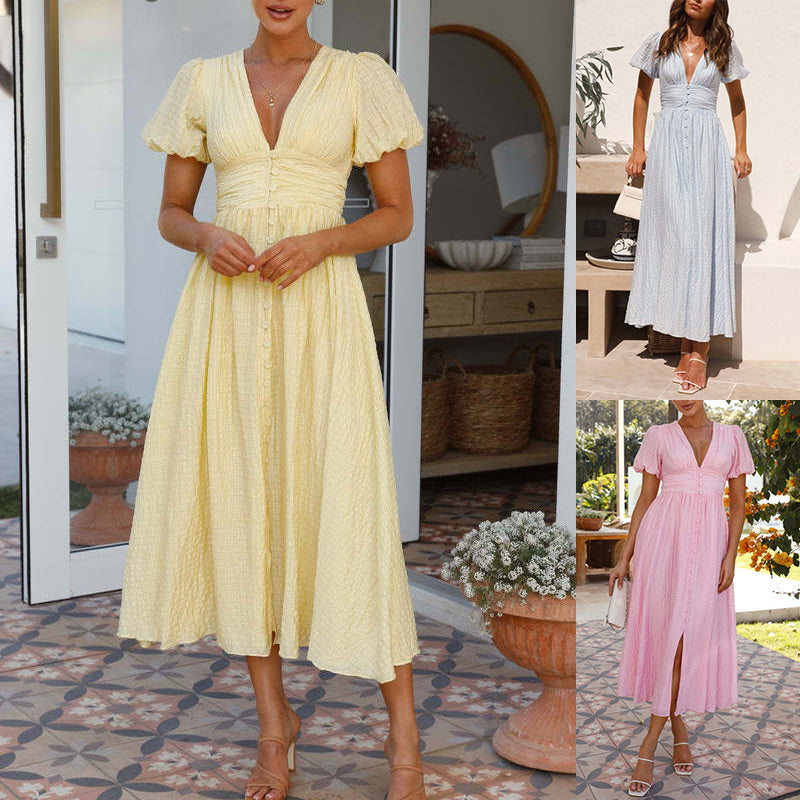 Puff Sleeve Slim Waist V-Neck DressClothing