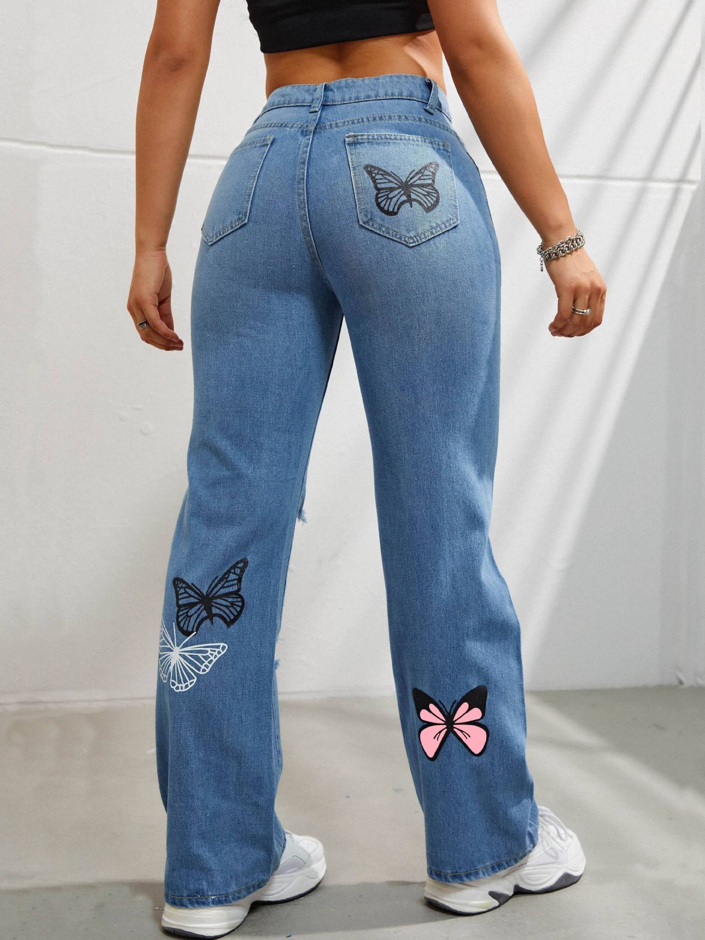 Women's Ripped Butterfly Print Jeans