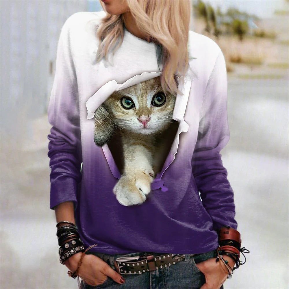 Cozy Mid-calf Sweatshirt with Gradient Cat Print, Long-sleeved