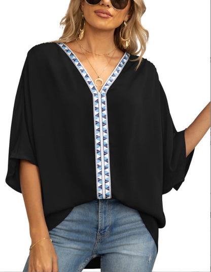 Bat Sleeved V-neck Short Sleeved Shirt