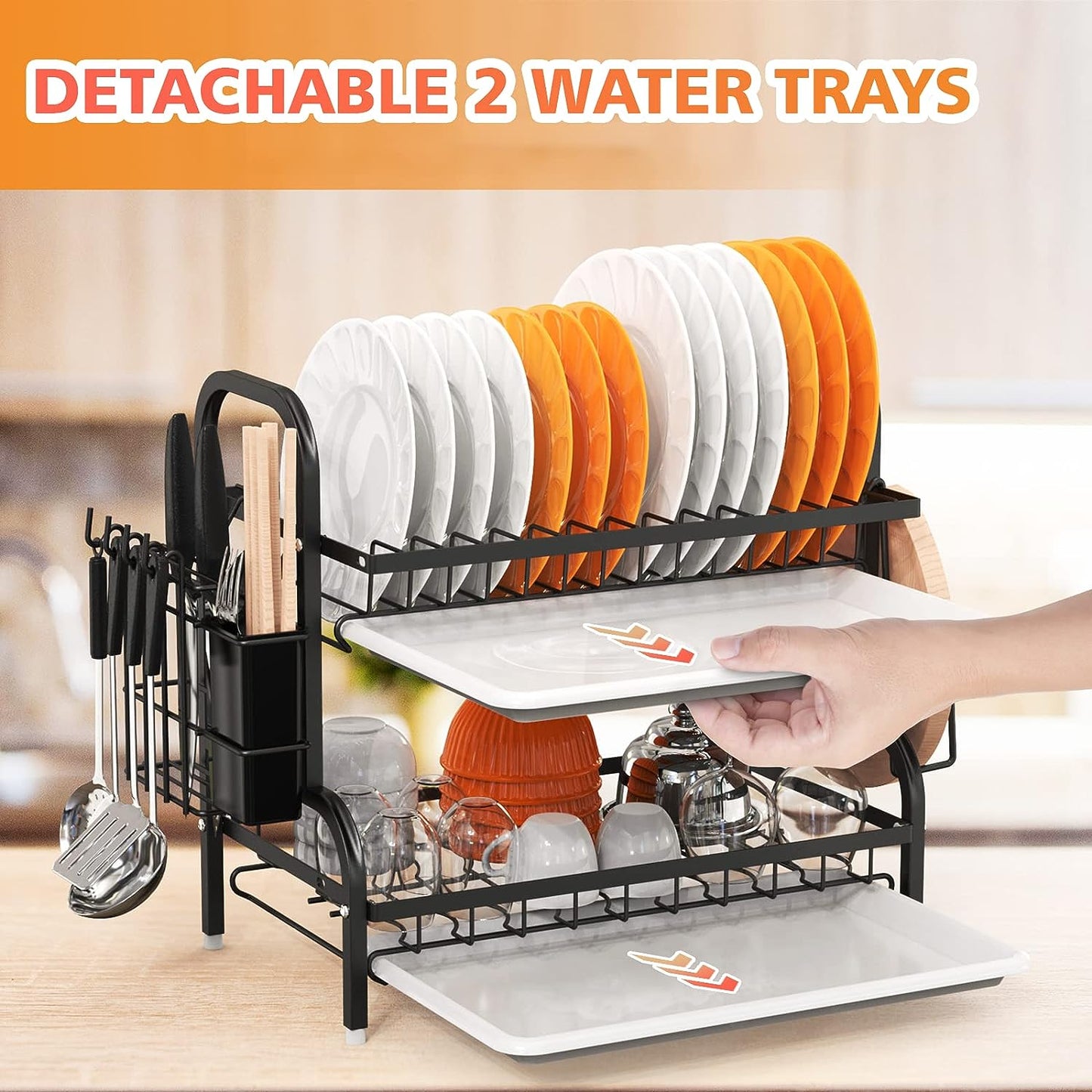 Black Stainless Steel 2-Tier Dish Drying Rack with Drainboard