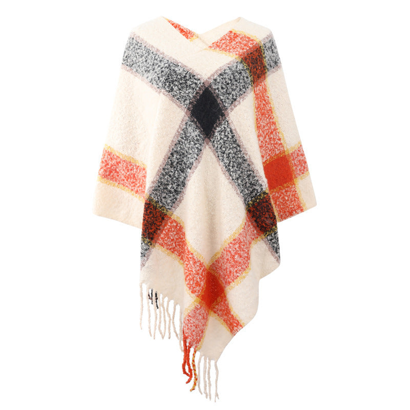 Cashmere Contrast Color Striped Cape Knitted Tassel Scarf