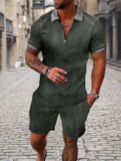 Men's Summer Fashion 3D Printed Short Sleeve Geometric Zip Lapel Shirt Set