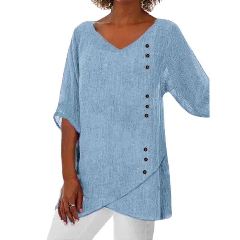 Blue Cotton Linen V-neck Half Sleeve Shirt