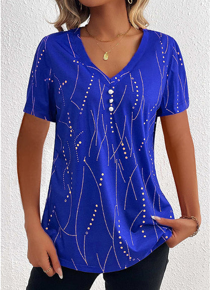 Women V-neck Printed Button Summer Fashion Leisure Short-sleeved T-shirt