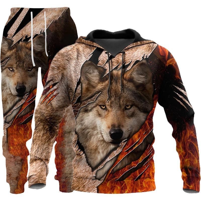 Wolf Print Hooded Tracksuit - Men's Outdoor Fitness Set