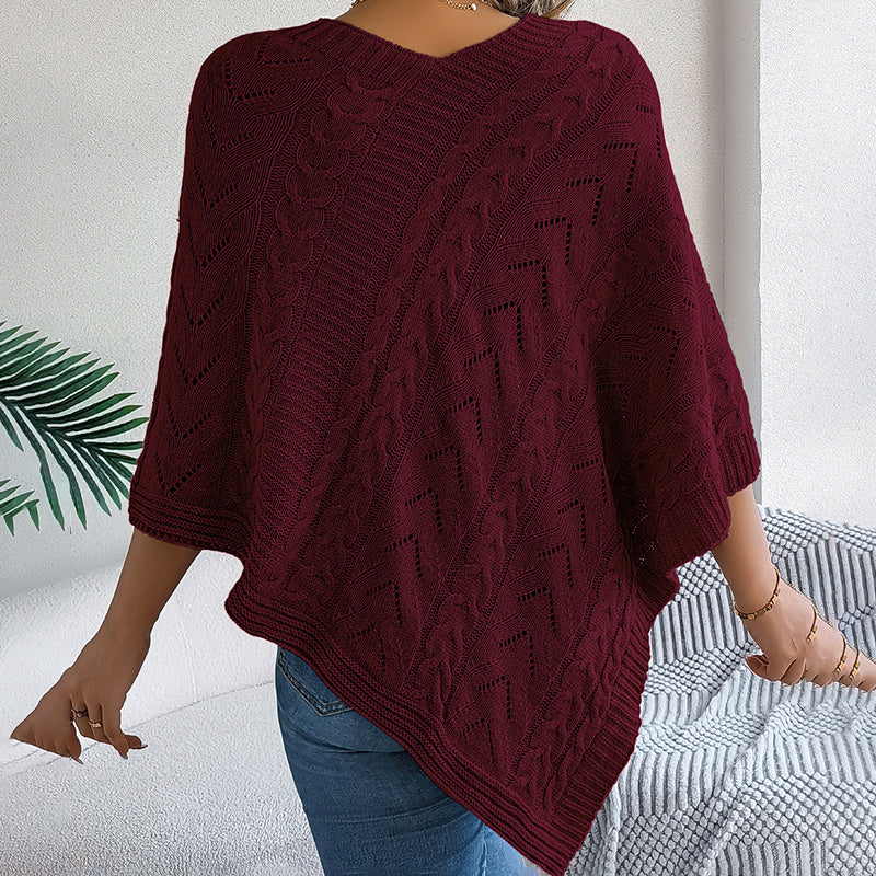 Women's Solid Color V-Neck Cape Sweater Batwing Sleeve Open-Knit Cardigan With Asymmetrical Hem