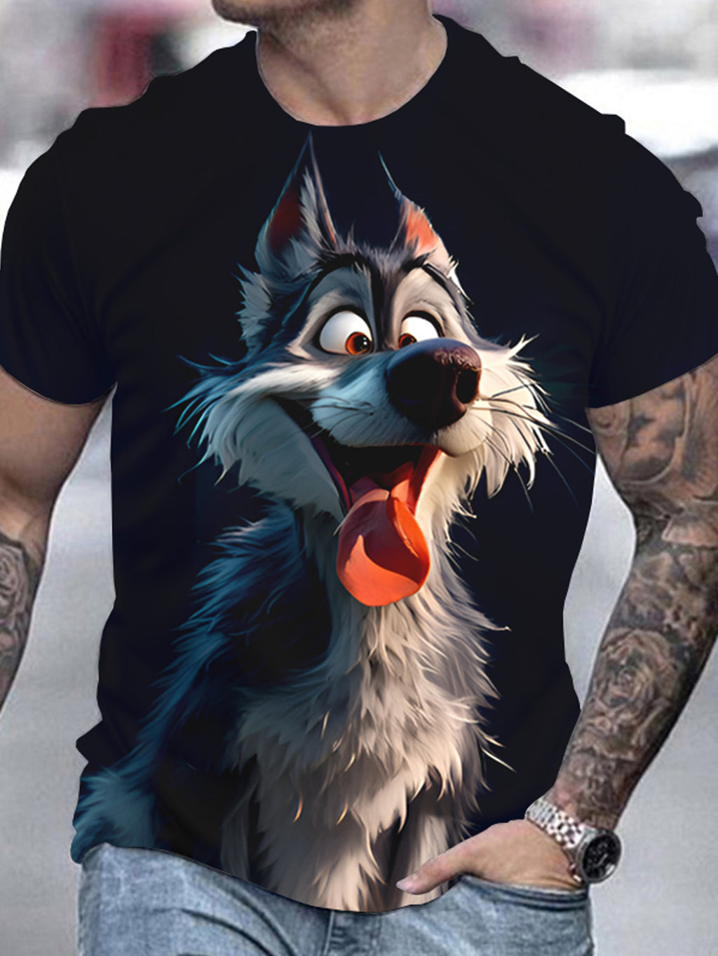 Men's 3D Wolf Print T-shirt - Casual Round Neck, Short Sleeved, Breathable Polyester - Perfect For Summer Outdoor And Casual Wear
