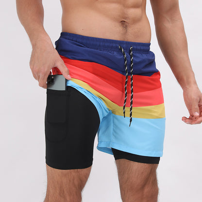 Pantalones cortos de playa con estampado degradado Pantalones cortos deportivos casuales de doble capa