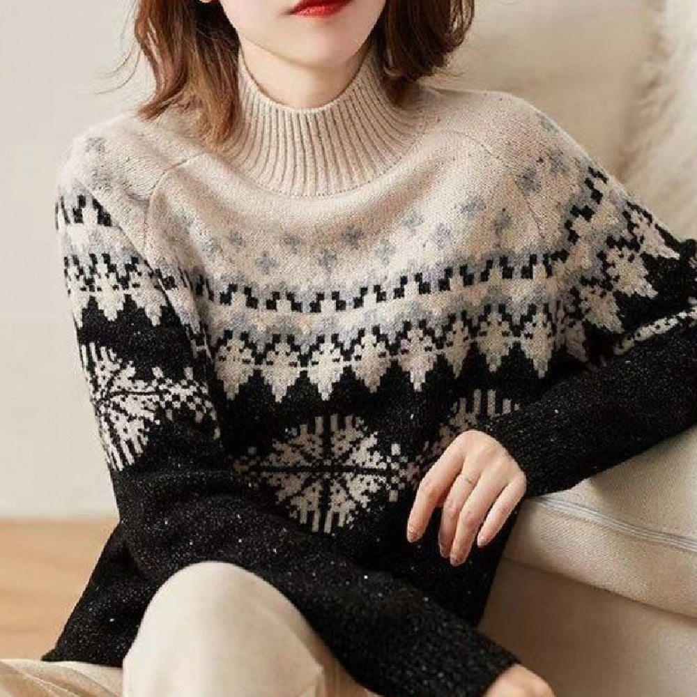 Half Turtleneck Knitted Snowflake Retro Loose Sweater