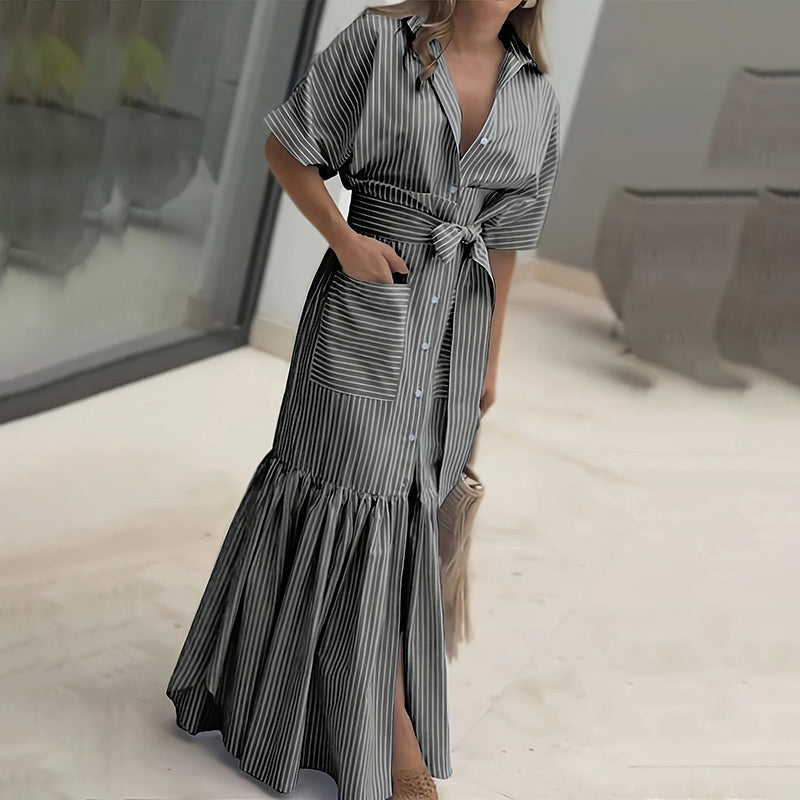 Women's Summer Casual Striped Button Down Maxi Dress Tie Waist Short Sleeve Shirt Dress With Pockets