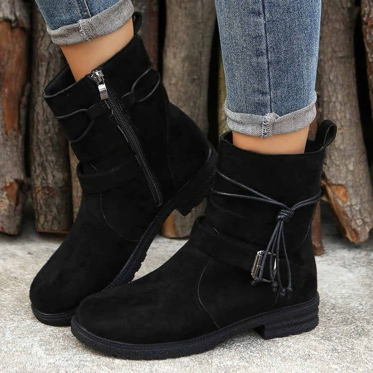 Fashionable Round Toe Buckle Boots with Square Heel