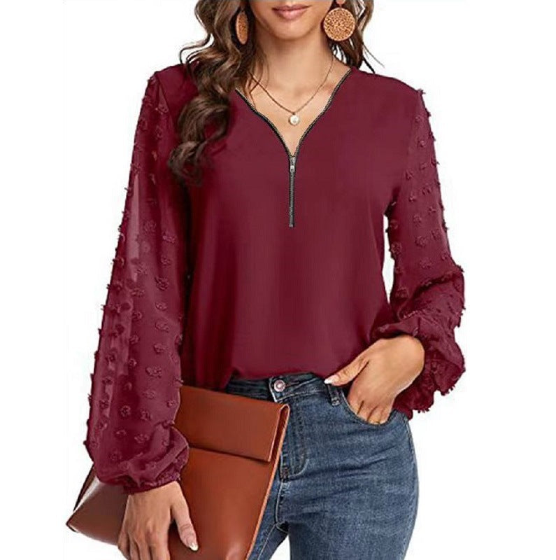 Women's V-neck Chiffon Shirt With Long Sleeve Stitching