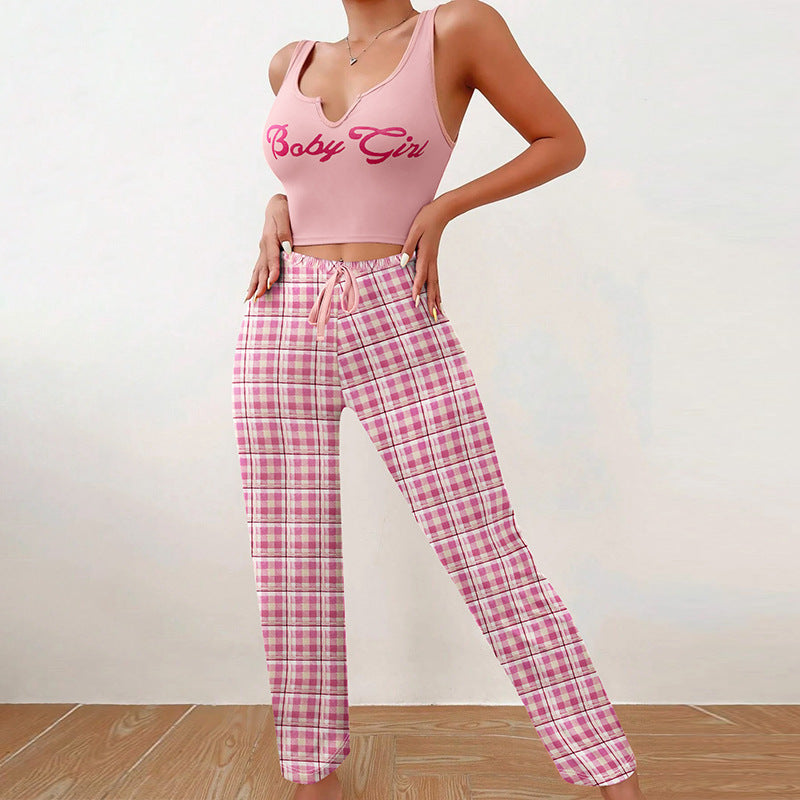 Homewear Vest Color Matching Plaid Trousers Letter Print Top Pajamas For Women