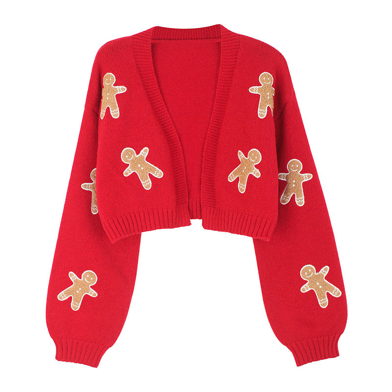 Gingerbread Man Knit Cardigan - Women's Solid V-Neck Ribbed Cuffed Short Sweater, Casual Spring Autumn Polyester Top