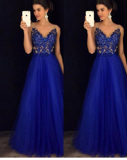 Backless Beaded Ball Elegant Long Blue Chiffon Dress