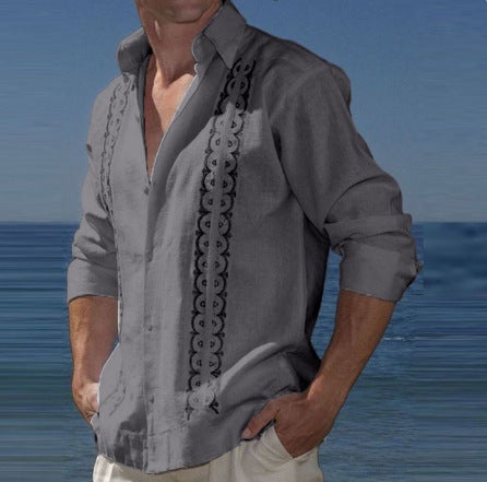 Fashion Print Long Sleeve Shirt Men Casual Loose Button Lapel Tops Seaside Cool Beach Shirt