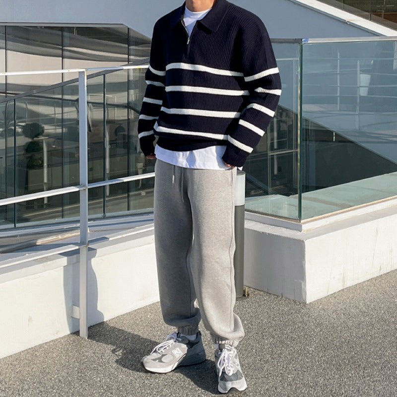 Half Zipper Contrast Color Knitwear Men's Loose Polo Collar Sweater