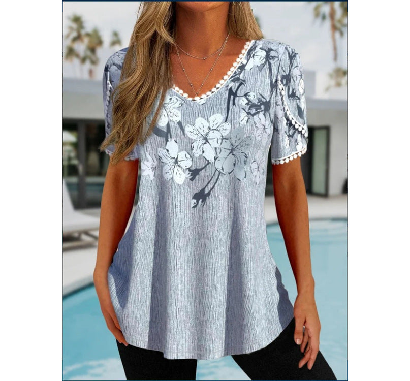 Loose Ruffled V-neck Short-sleeved Printed Top Casual Shirt