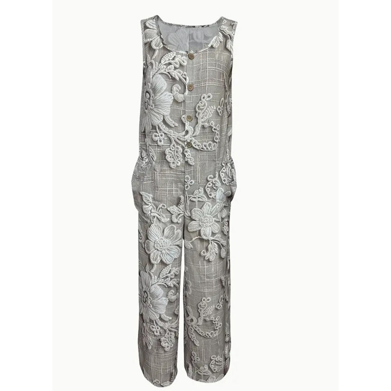 Women's Vintage Floral Jumpsuit - Sleeveless Button Front Romper With Pockets, Casual Loose Fit Long Pants Jumper