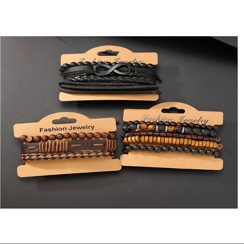 12-piece Vintage Men's Bracelet Set - Woven Leather, Tiger's Eye And Moonstone Beads, Synthetic Rope, Stylish Jewelry For Casual And Party Wear