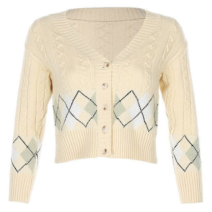 Diamond Lattice V-Neck Loose Coat Women's Knitted Cardigan