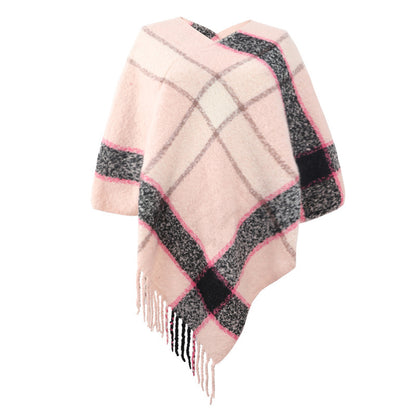 Cashmere Contrast Color Striped Cape Knitted Tassel Scarf