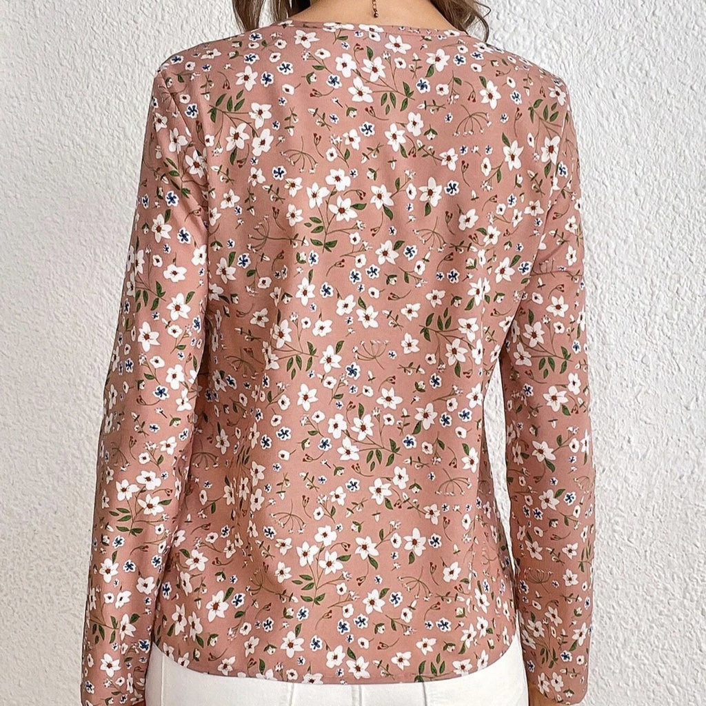 Ladies' Fashionable New Floral Print Folding Pleated Detail Casual Long Sleeved Top