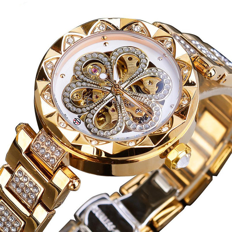 op Brand Luxury Ladies' Rhinestone Watch Forsining Mechanical Automatic Rose Gold Stainless Steel Timepiece