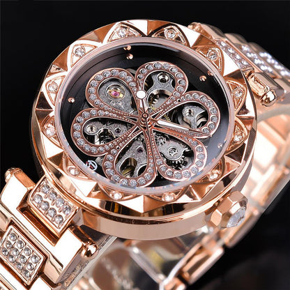 op Brand Luxury Ladies' Rhinestone Watch Forsining Mechanical Automatic Rose Gold Stainless Steel Timepiece