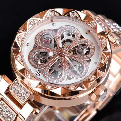 op Brand Luxury Ladies' Rhinestone Watch Forsining Mechanical Automatic Rose Gold Stainless Steel Timepiece