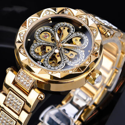 op Brand Luxury Ladies' Rhinestone Watch Forsining Mechanical Automatic Rose Gold Stainless Steel Timepiece