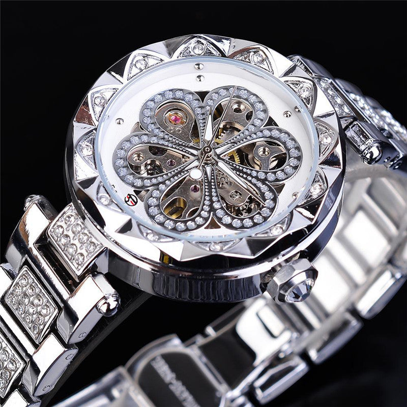 op Brand Luxury Ladies' Rhinestone Watch Forsining Mechanical Automatic Rose Gold Stainless Steel Timepiece