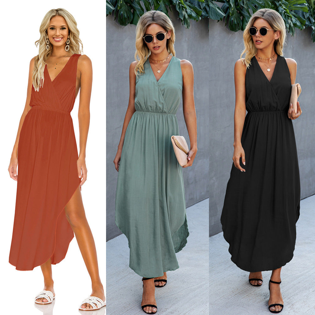 Fashion Solid Color V-neck Sleeveless Curved Skirt Female Dress