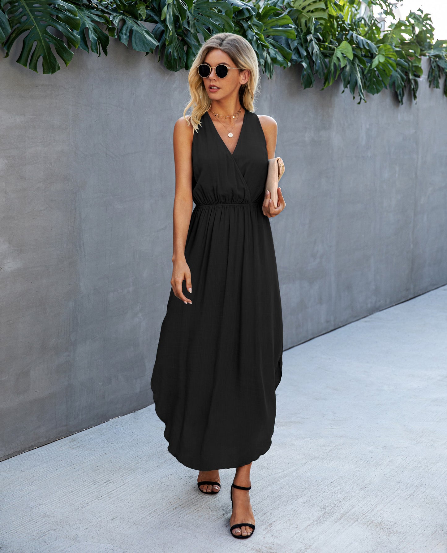 Fashion Solid Color V-neck Sleeveless Curved Skirt Female Dress