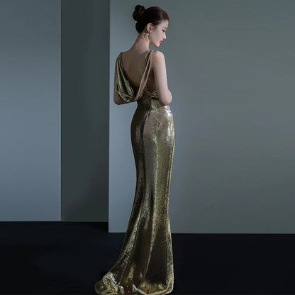 Elegant Sequins Backless Fishtail Evening Dress For Women