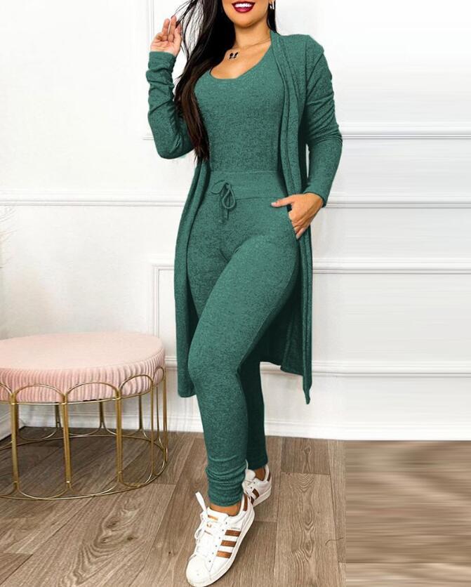 Women's Casual Suit High Waist Slip-on Casual Pants Drawstring Pocket Design Jumpsuit And Cardigan Cover