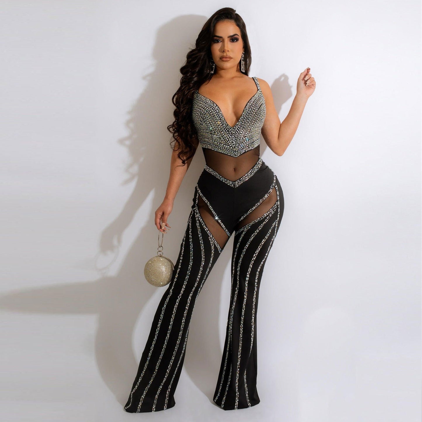 Women's See-through Deep V Rhinestone Jumpsuit