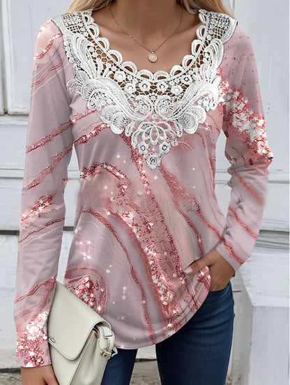 Women's Printed Long-sleeved T-shirt Patchwork Round Neck Top