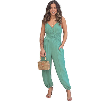 Waist Trimming Spaghetti Straps One-piece Trousers Solid Color Backless Jumpsuit