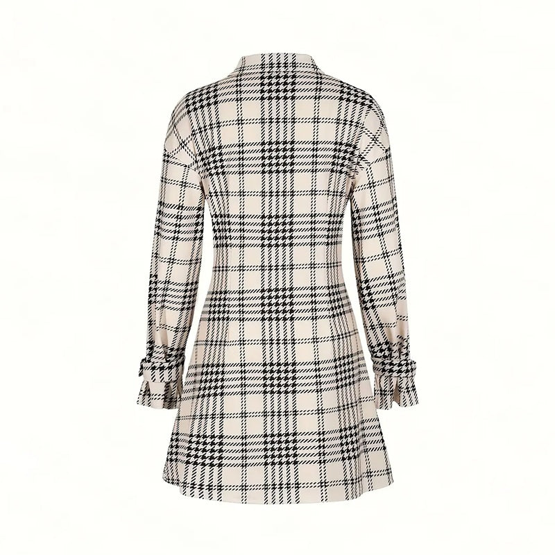 Women's Elegant Plaid Shirt Dress, Ruched Waist A-Line Mini Dress With Long Sleeves