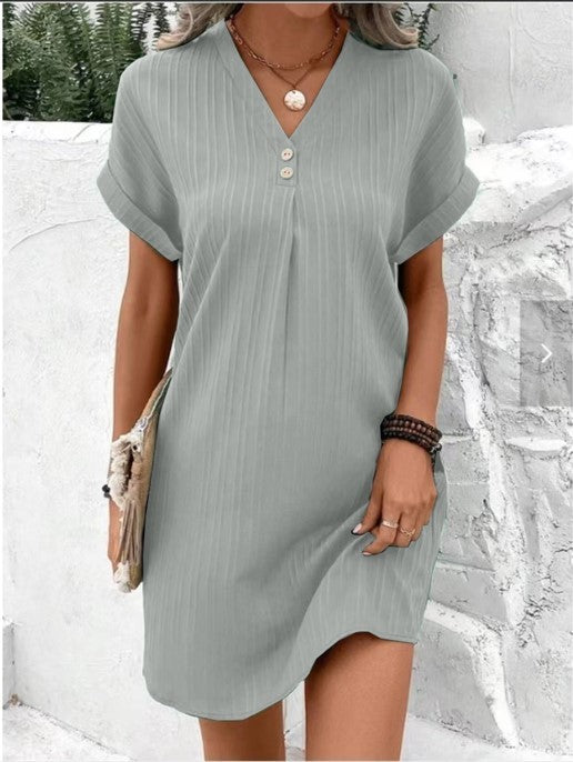 Women's V-neck Dress, Short-Sleeve, Casual, Solid Color, Button-Down