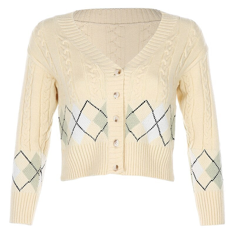 Diamond Lattice V-Neck Loose Coat Women's Knitted Cardigan