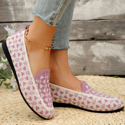 Women's Printed Round Toe Flats - Breathable & Knitted