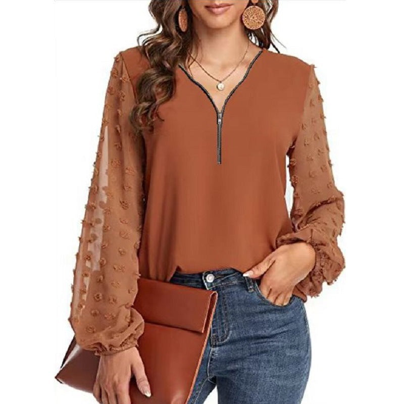 Women's V-neck Chiffon Shirt With Long Sleeve Stitching