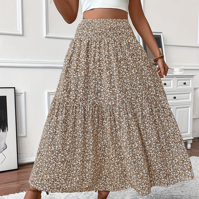 Women's Boho Floral Maxi Skirt - High Elastic Waist, Pleated A-Line Long Skirt